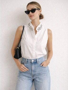 J.Crew Y2K Jeweled Collar Cotton Sleeveless Button Up Blouse White Preppy | 4